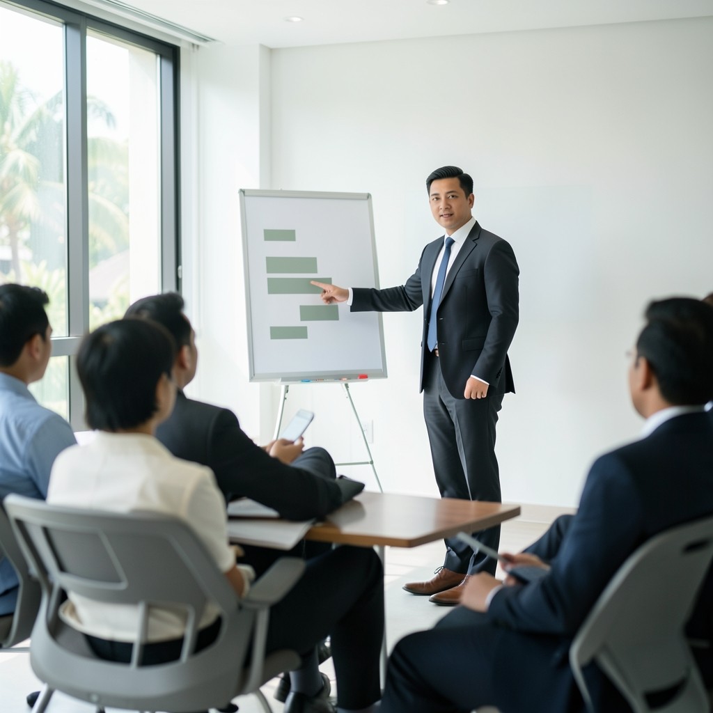 Presenter pointing to a simple channel ranking slide during a leadership briefing