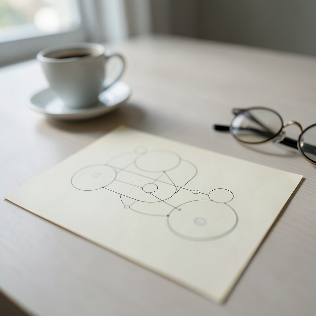 Printed touchpoint sequence diagram on a desk with coffee and reading glasses