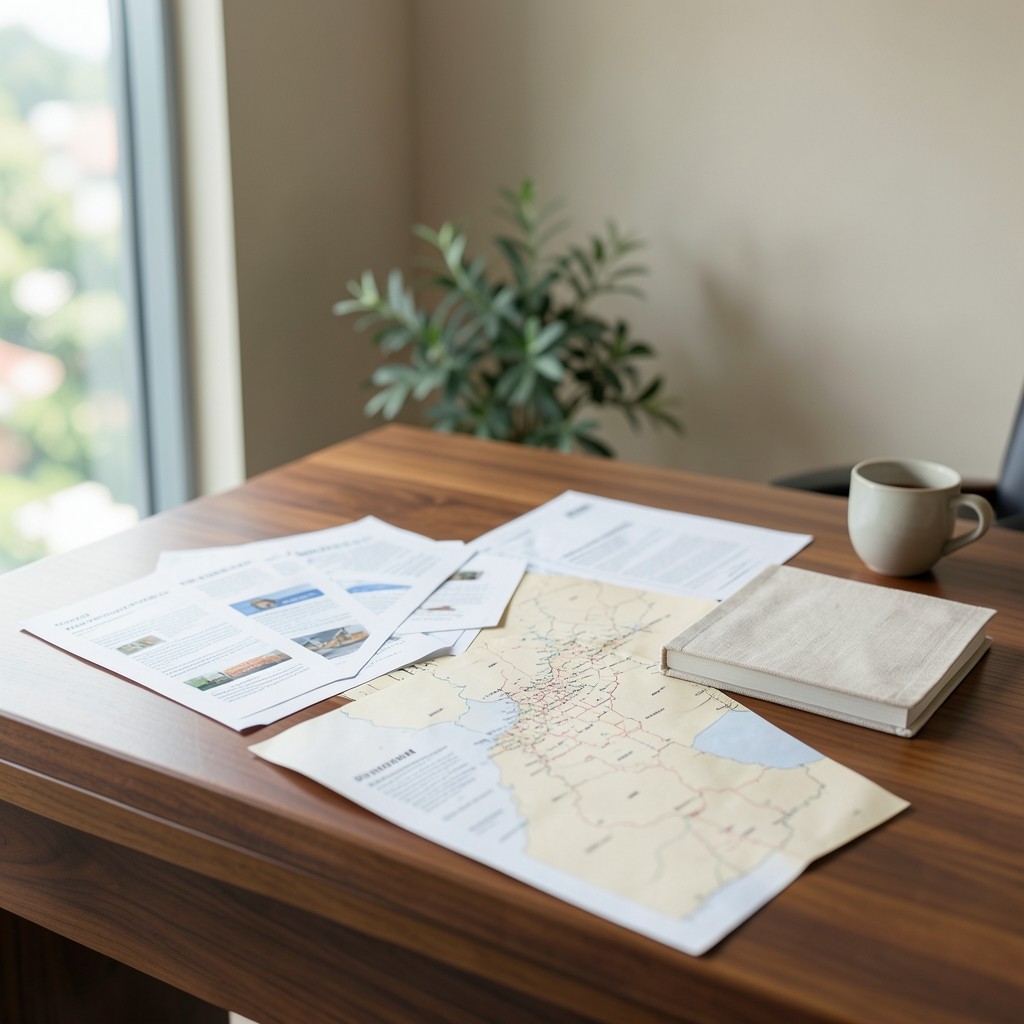 Regional campaign materials and attribution notes arranged on a bright desk in Bangkok