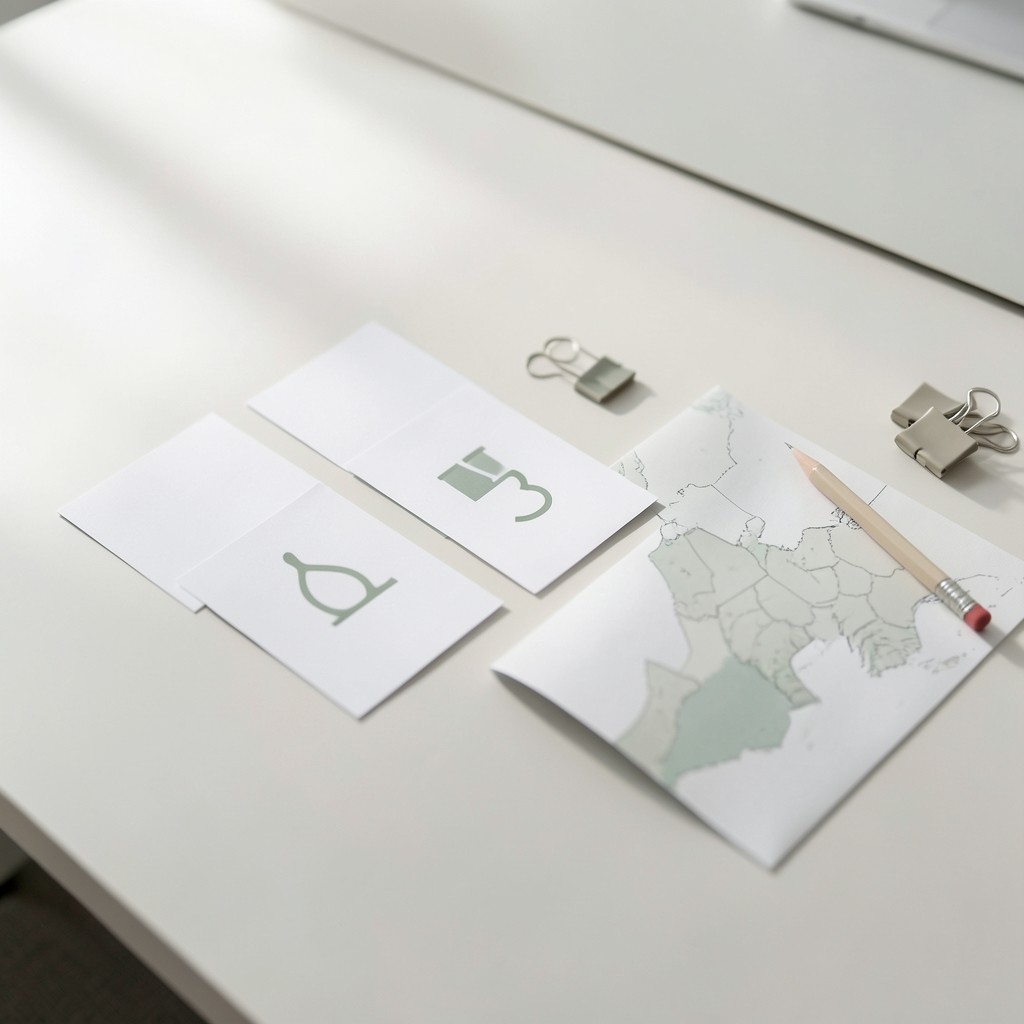 Printed attribution method steps and regional maps laid out for a briefing preparation