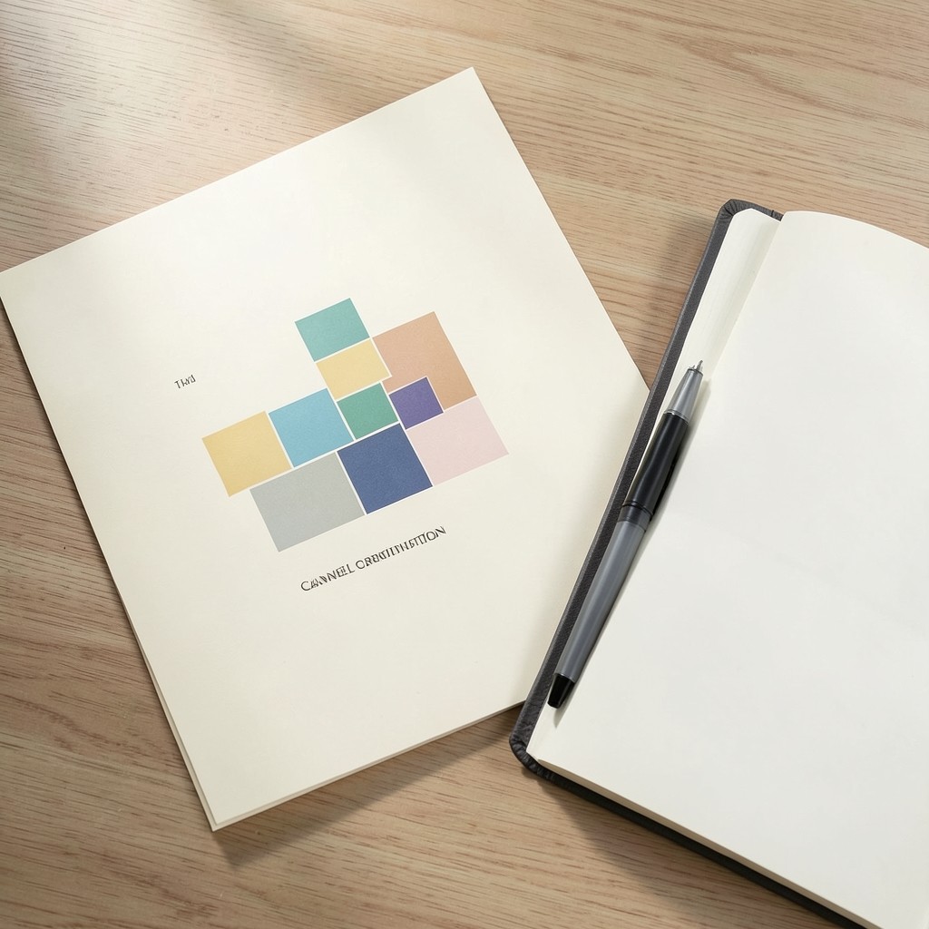 Printed channel contribution map beside a notebook and pen on a light wooden table